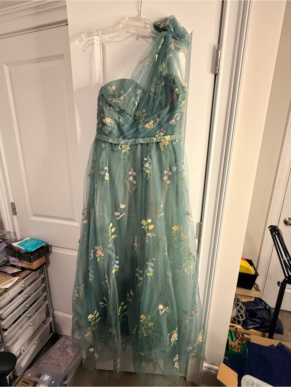 Green Floral One-Shoulder Tulle Dress